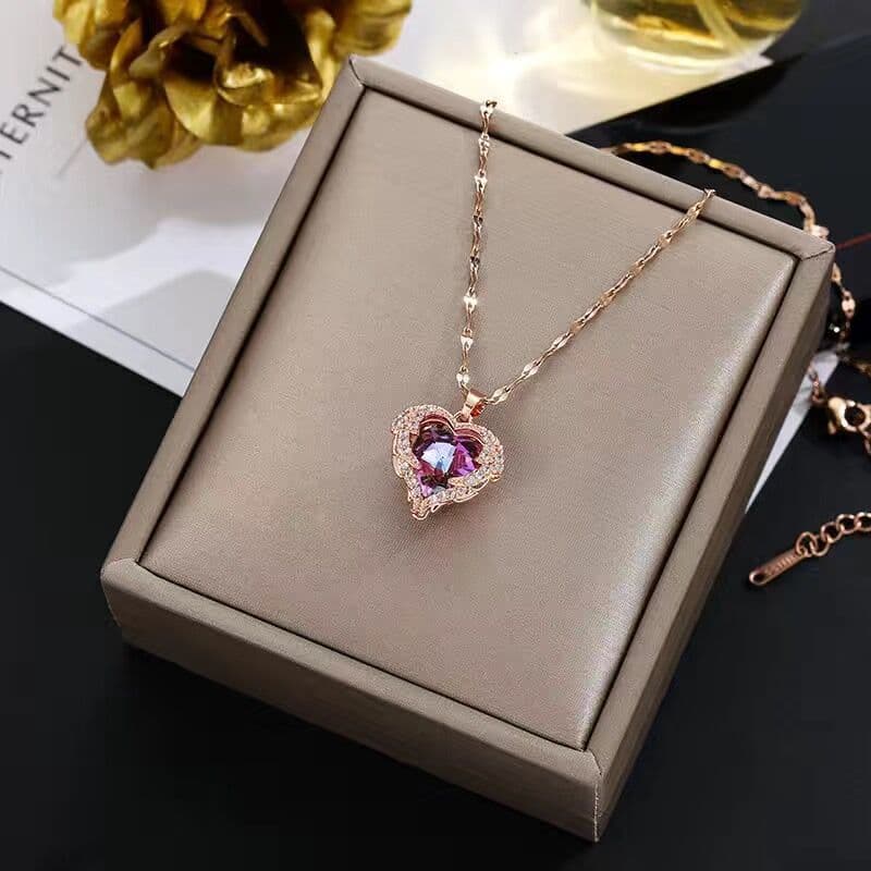 Ocean Heart Stainless Steel Zircon Necklace | Elegant Crystal Heart Pendant Necklace