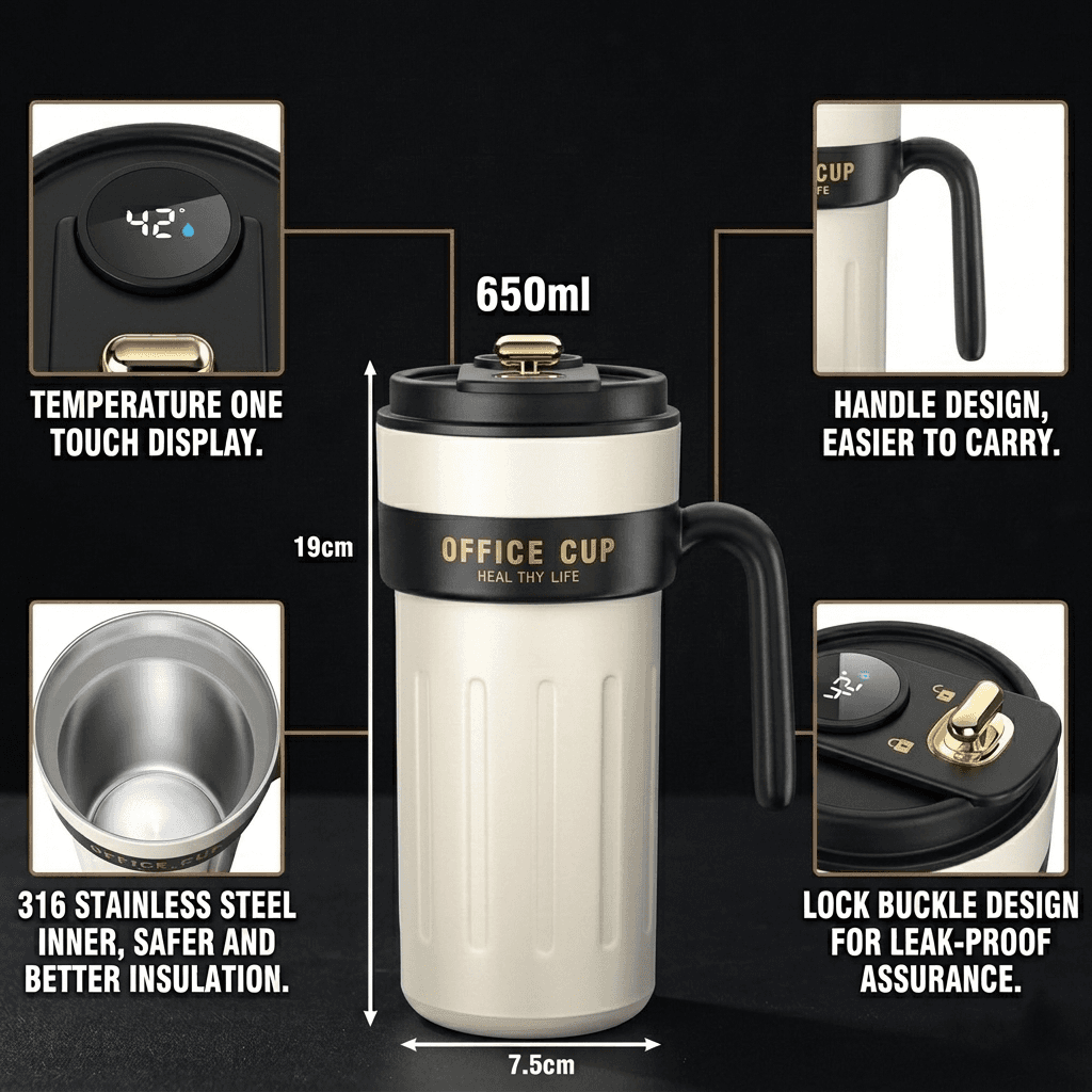 Smart Thermos Flask 650ml – 316 Stainless Steel Vacuum Insulated Travel Mug with Handle