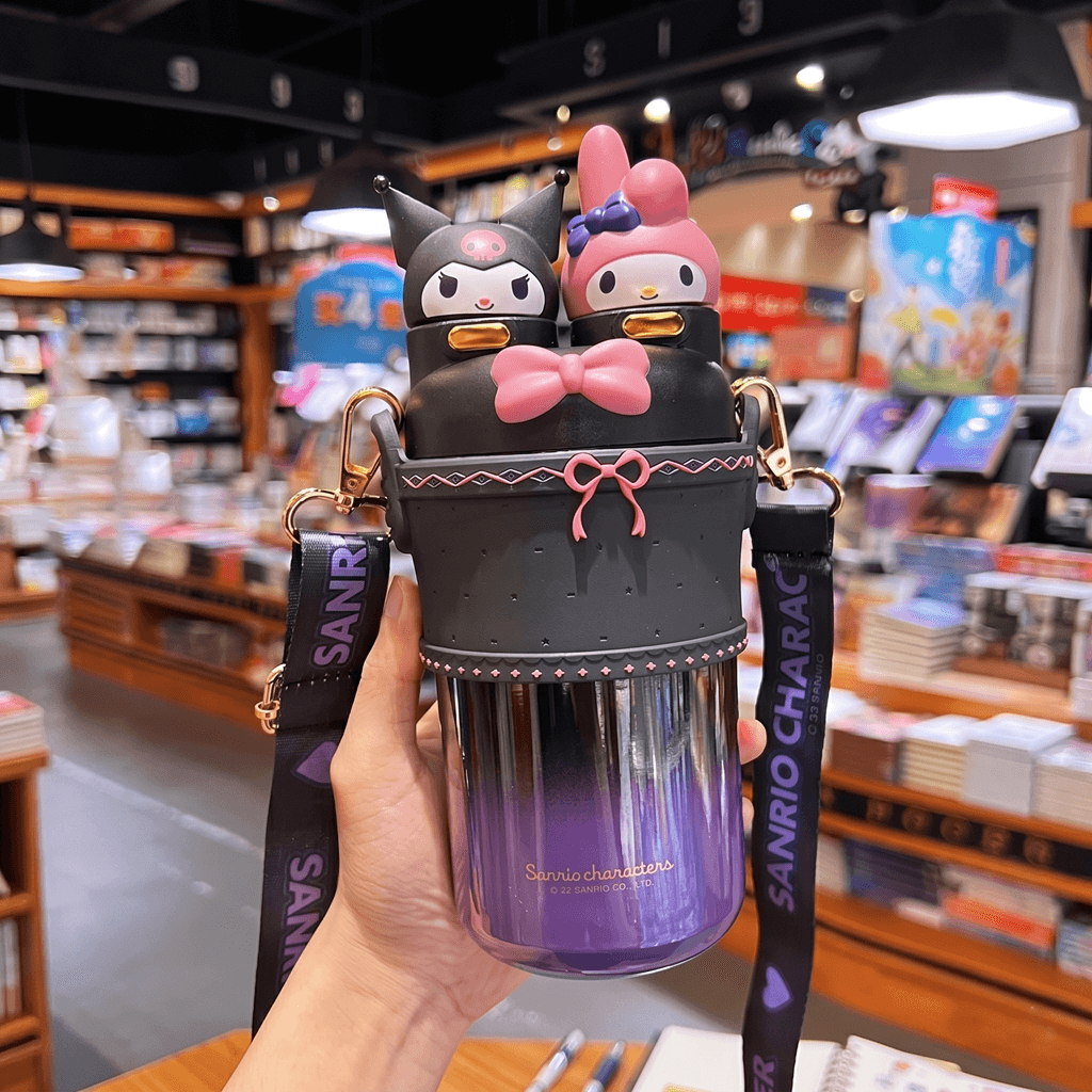 Kuromi & My Melody Stainless Steel Tumbler with Strap – Dual-Lid Insulated Bottle with Straw & Sip Design