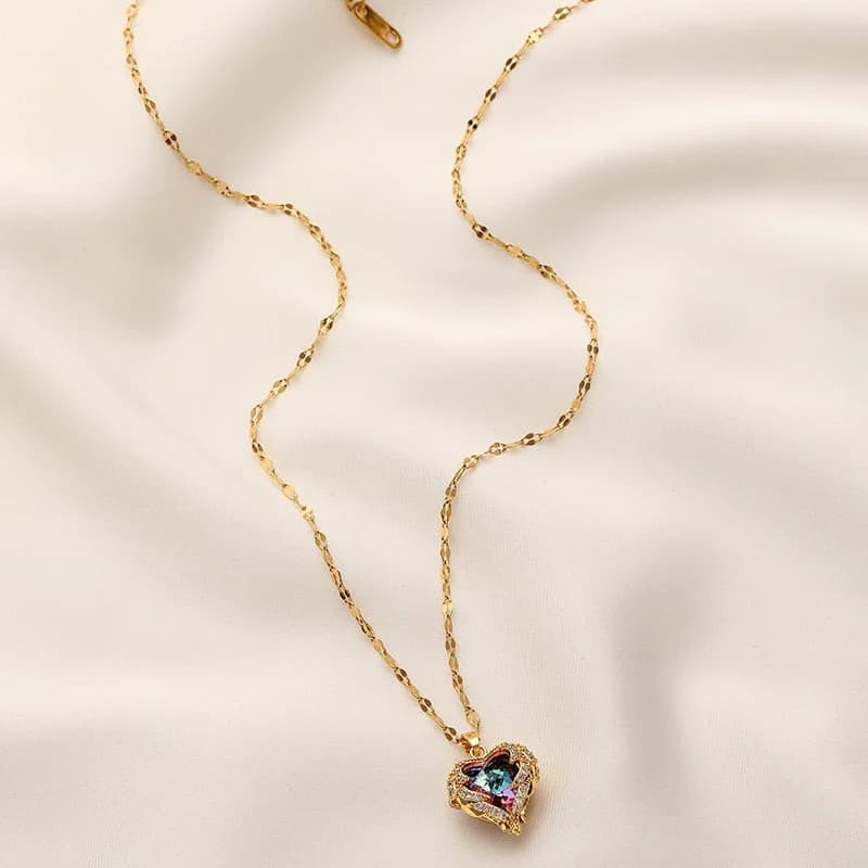 Ocean Heart Stainless Steel Zircon Necklace | Elegant Crystal Heart Pendant Necklace