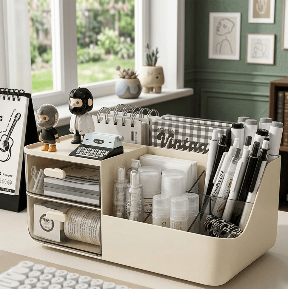 3-Layer Drawer Desktop Storage Box – Transparent PP Pen Holder & Multifunction Desk Organizer for Office
