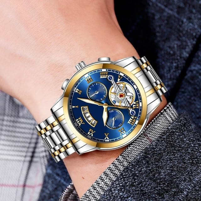 Men's Luxury Two-Tone Automatic Watch with Blue Dial and Open Heart Movement