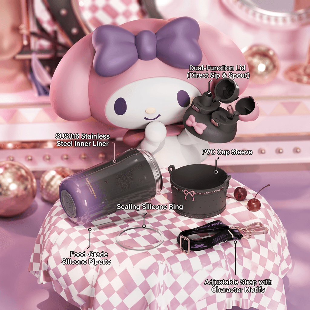 Kuromi & My Melody Stainless Steel Tumbler with Strap – Dual-Lid Insulated Bottle with Straw & Sip Design
