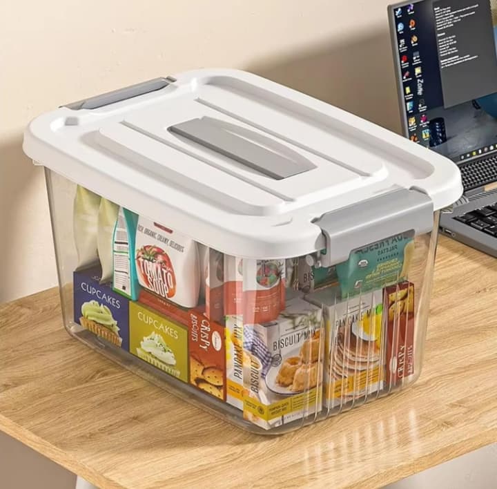 Clear Stackable Plastic Storage Bin with Latching Lid and Built-in Wheels