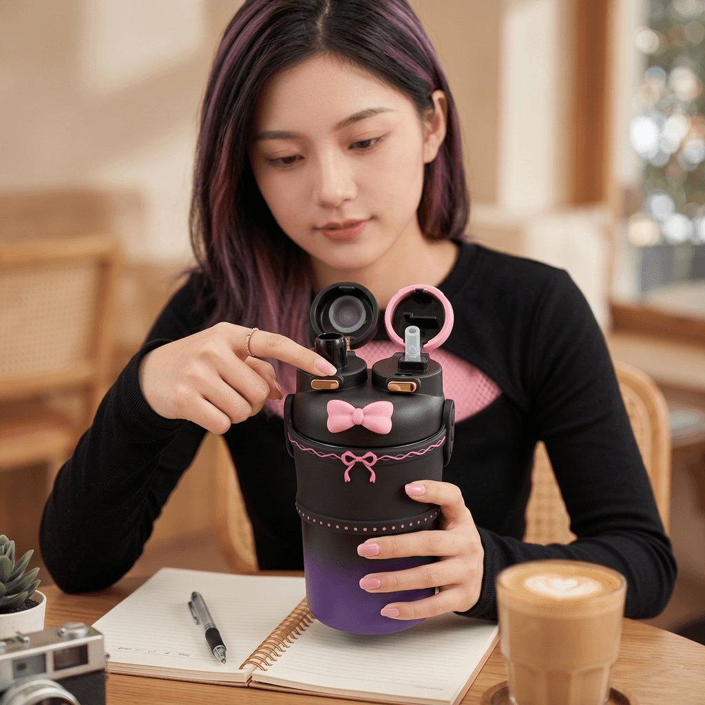 Kuromi & My Melody Stainless Steel Tumbler with Strap – Dual-Lid Insulated Bottle with Straw & Sip Design