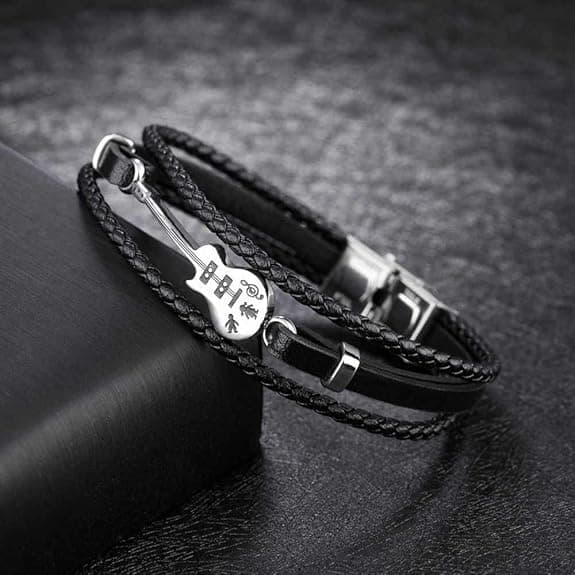 Guitar Charm Black Leather Braided Bracelet for Men & Women