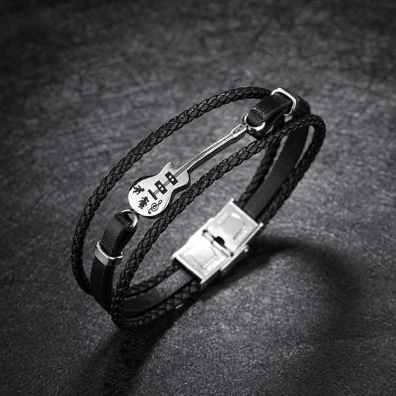 Guitar Charm Black Leather Braided Bracelet for Men & Women