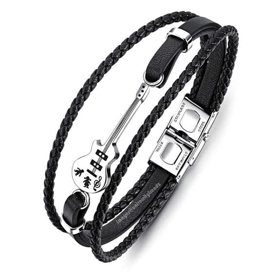 Guitar Charm Black Leather Braided Bracelet for Men & Women