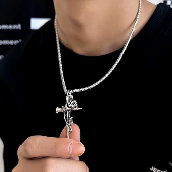 Gothic Silver Nail Cross Pendant Necklace with Entwined Rose