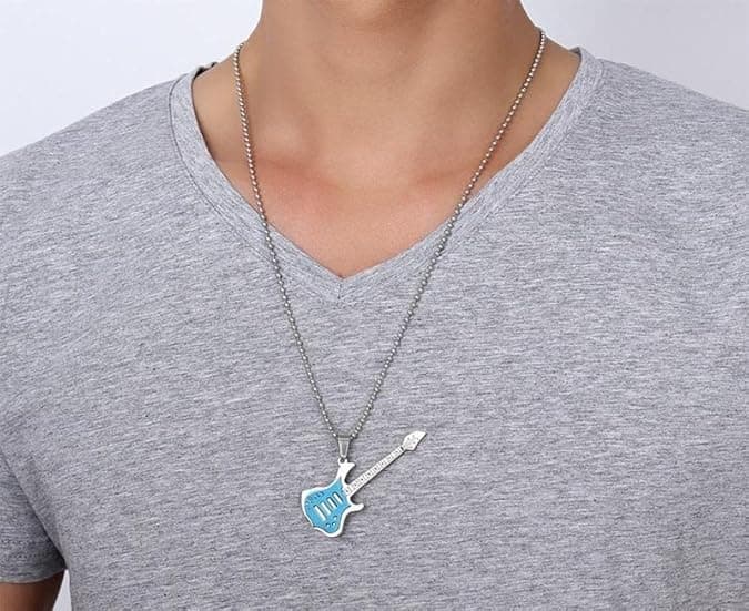 Vibrant Blue Enamel Electric Guitar Pendant Necklace