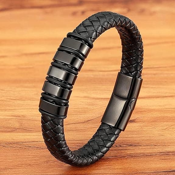 Men's Sleek Black Octagon Pendant Necklace & Braided Leather Bracelet Set