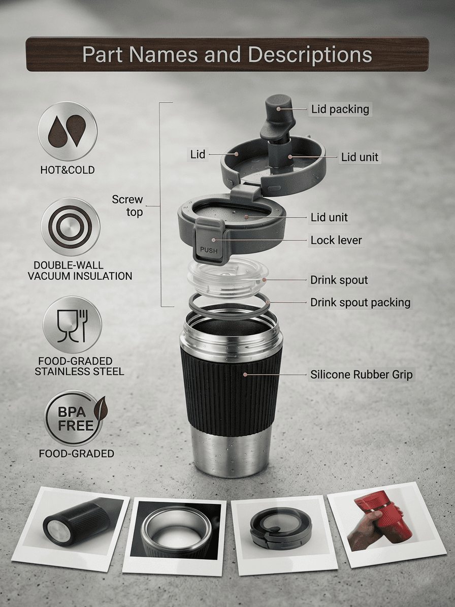 500ml Eco-Friendly Vacuum Insulated Stainless Steel Coffee Mug – Double Wall Reusable Travel Tumbler with Spill-Resistant Lid