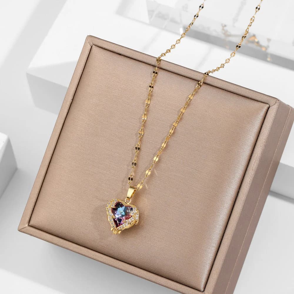 Ocean Heart Stainless Steel Zircon Necklace | Elegant Crystal Heart Pendant Necklace