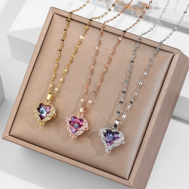 Ocean Heart Stainless Steel Zircon Necklace | Elegant Crystal Heart Pendant Necklace