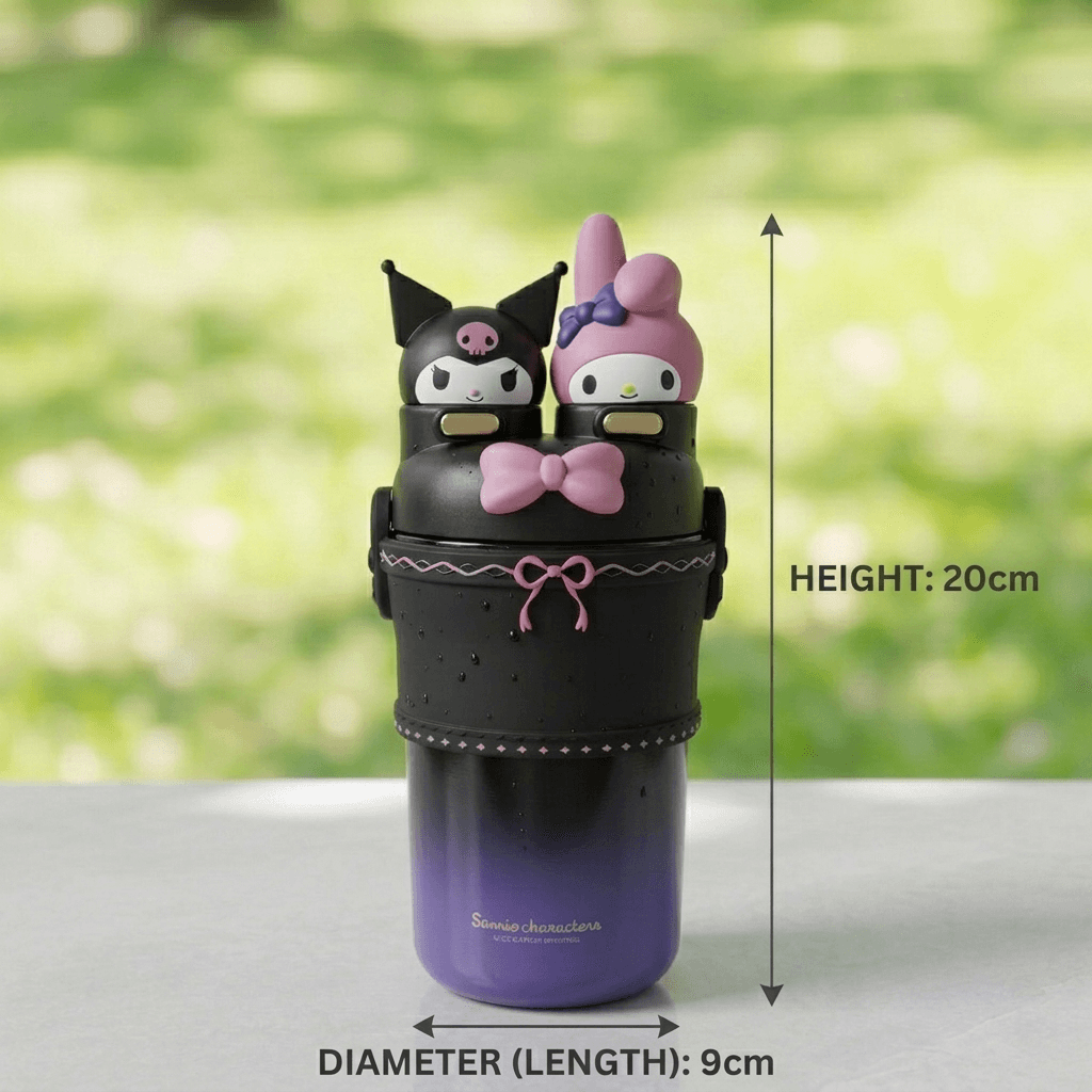 Kuromi & My Melody Stainless Steel Tumbler with Strap – Dual-Lid Insulated Bottle with Straw & Sip Design