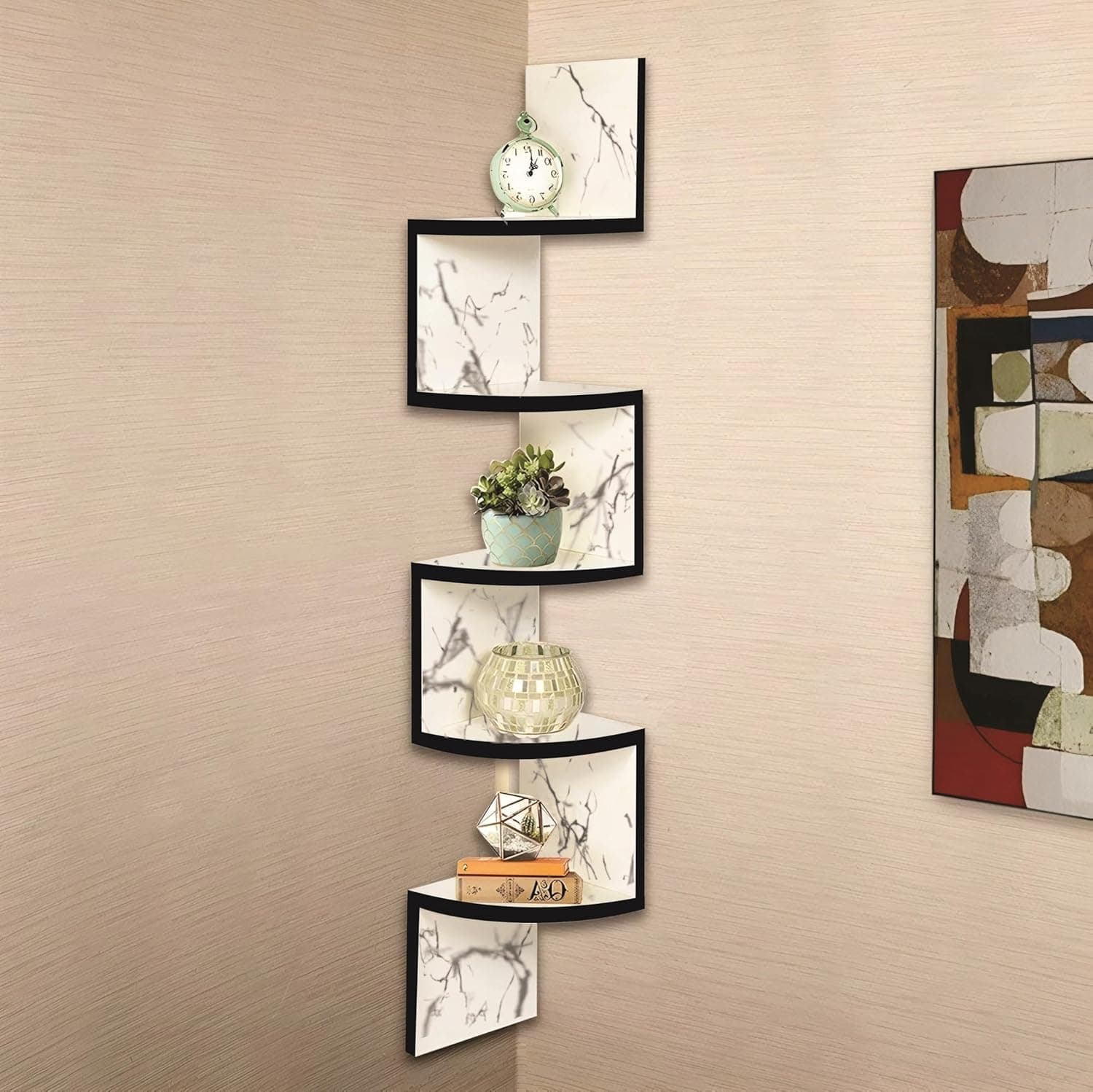 Premium 5-Tier Zigzag Corner Wall Shelf - White Marble Finish MDF