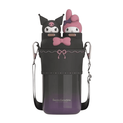 Kuromi & My Melody Stainless Steel Tumbler with Strap – Dual-Lid Insulated Bottle with Straw & Sip Design