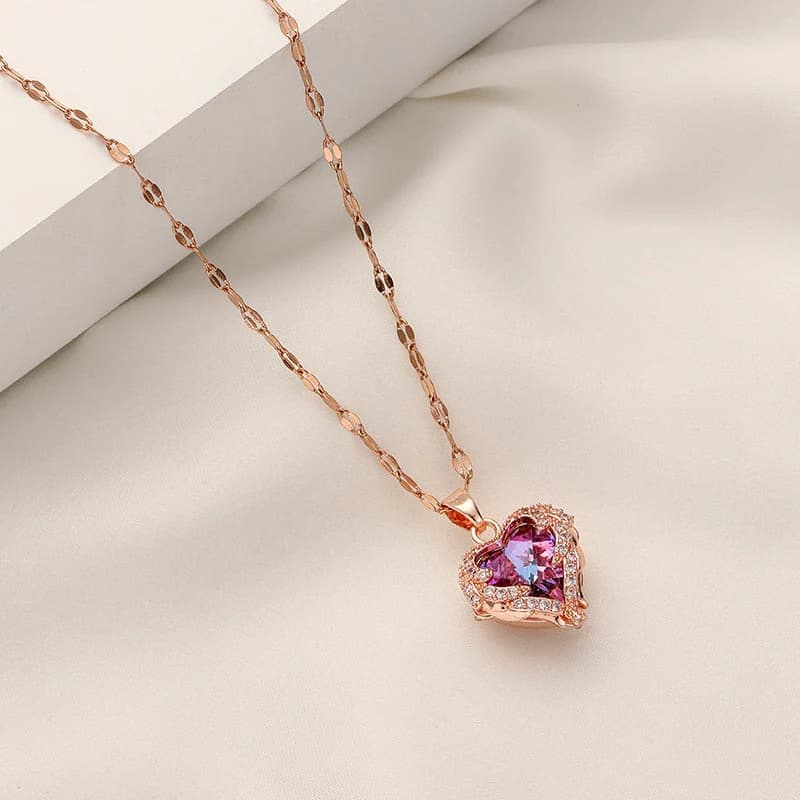 Ocean Heart Stainless Steel Zircon Necklace | Elegant Crystal Heart Pendant Necklace