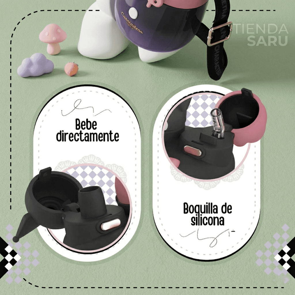 Kuromi & My Melody Stainless Steel Tumbler with Strap – Dual-Lid Insulated Bottle with Straw & Sip Design