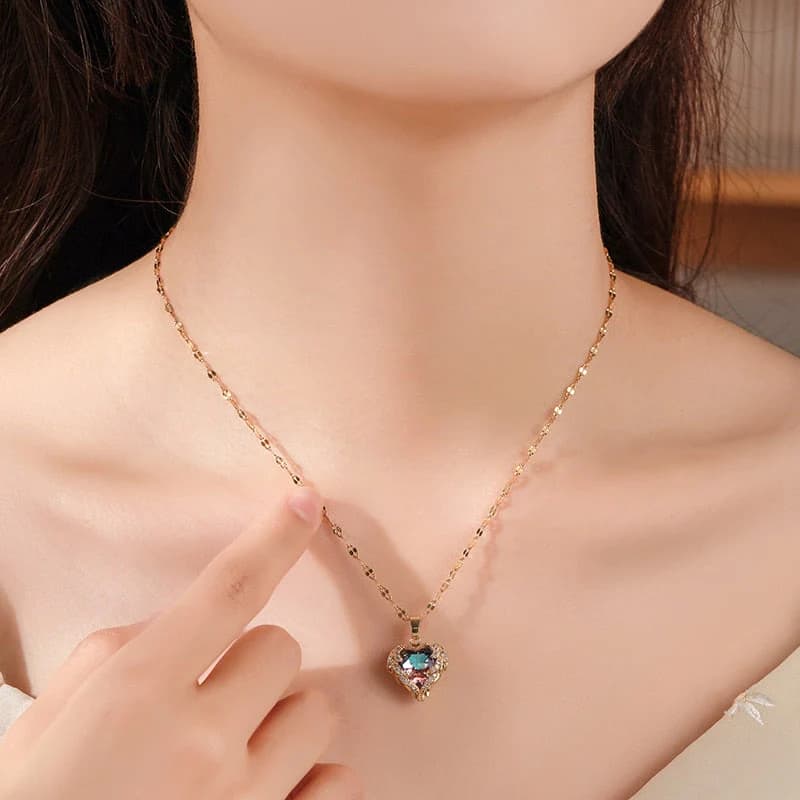 Ocean Heart Stainless Steel Zircon Necklace | Elegant Crystal Heart Pendant Necklace