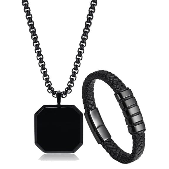 Men's Sleek Black Octagon Pendant Necklace & Braided Leather Bracelet Set