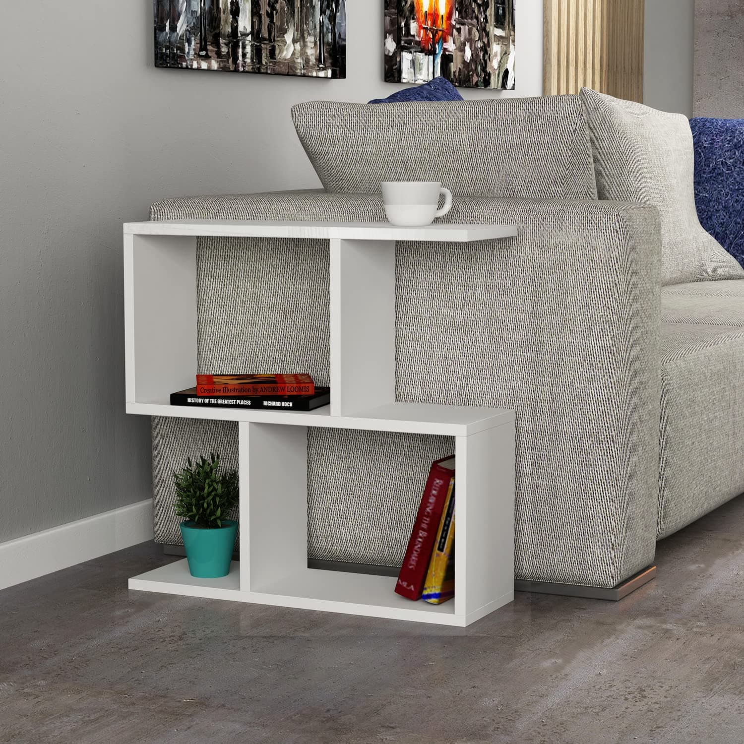 Engineered Wood Utility Table with Storage | Modern S-Shaped Bookshelf & Display Rack for Home and Office | White