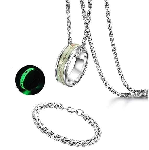 Glow in Dark Couple Ring Pendant Necklace with Bracelet Set