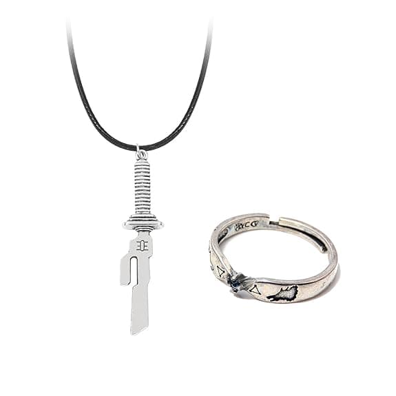 Anime-Inspired Blunt Sword Pendant Necklace and Engraved Ring Set